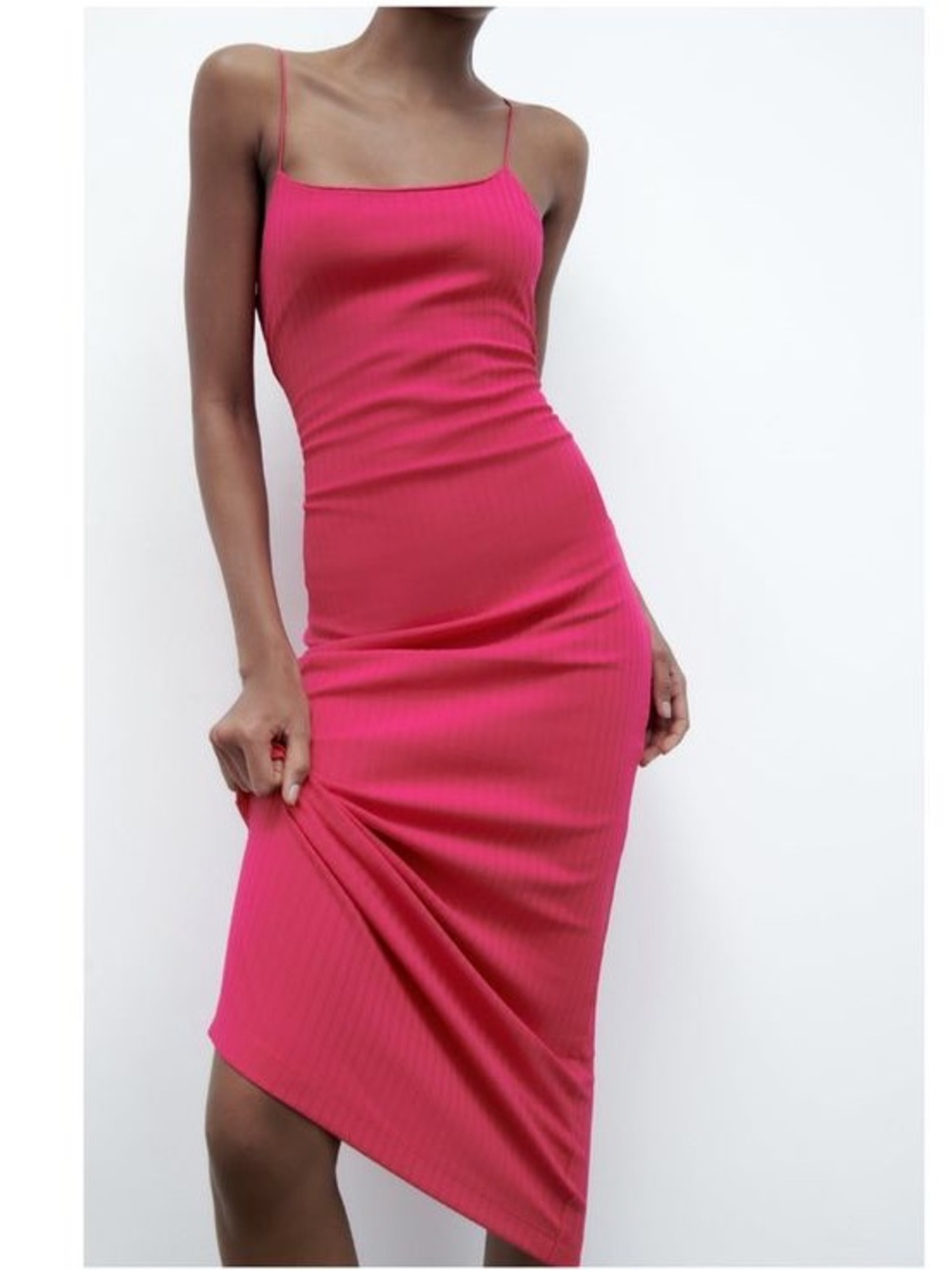 Zara Bright Fuchsia Ribbed Pencil Midi Slip Dress
